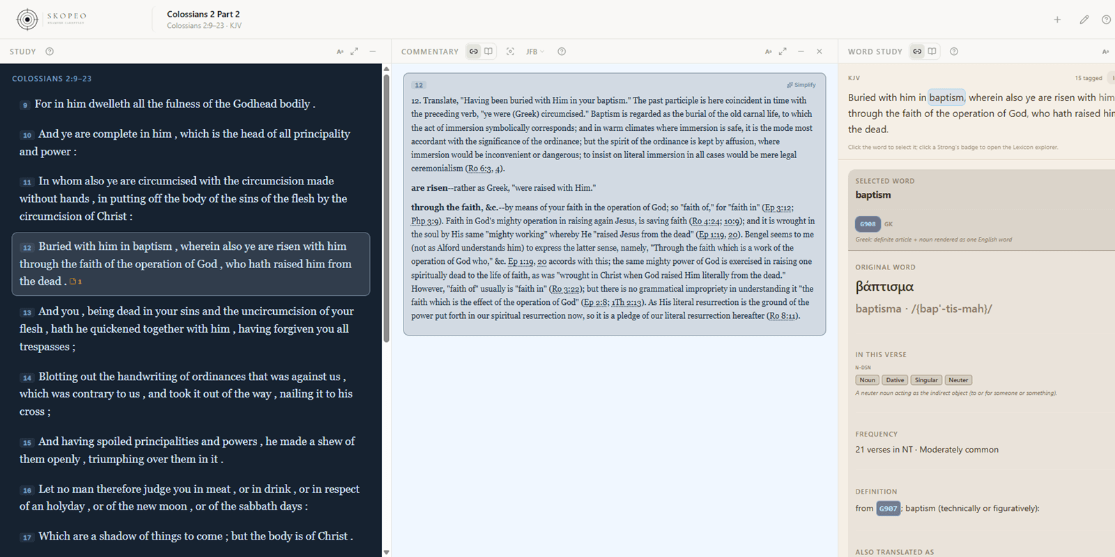 Skopeo study workspace — multi-panel layout with Bible, word study, commentary, and cross-references